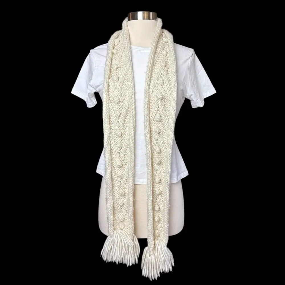 Vintage Y2K Abercrombie Cream Wool Blend Long Scarf Pom Pom & Fringe Details
